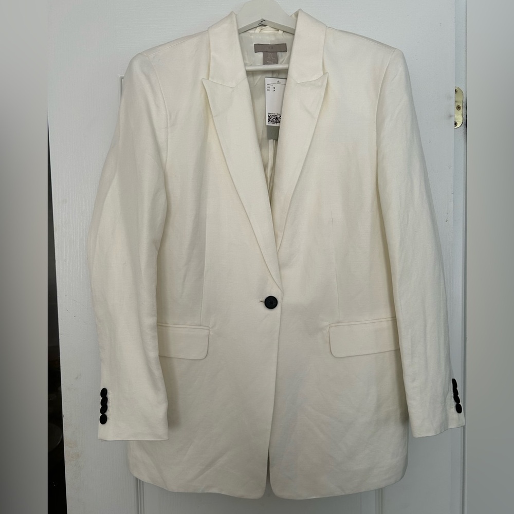 H&M White Linen Blend Blazer with Notched Lapels